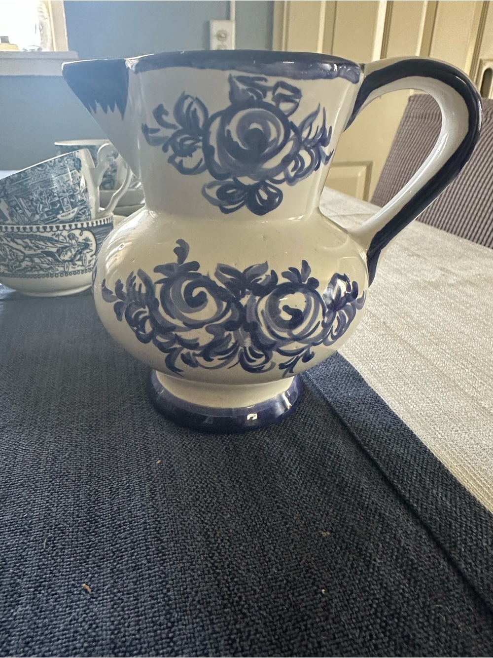 Blue and White Hand-Painted Ceramic Pitcher